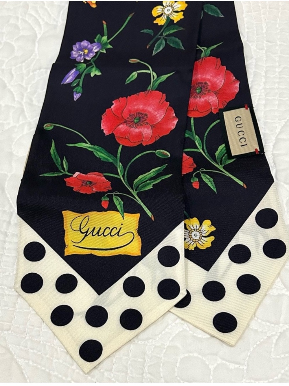 Gucci Black Silk Twilly with Red Floral & Polka Dot Trim